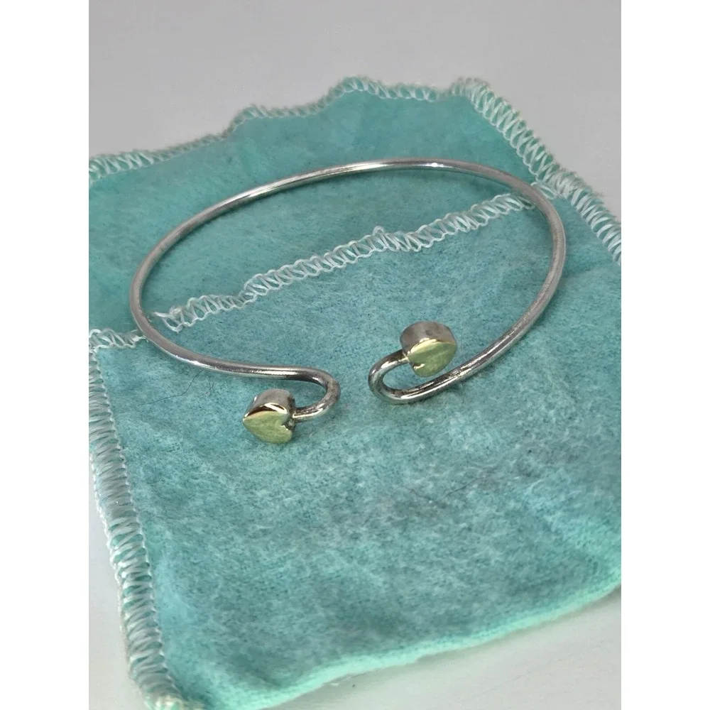 Tiffany &Co 18K Gold Double Hearts w/ Silver Bangle Love Hook Bracelet Love Gift